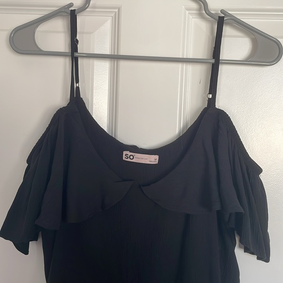 Black Spaghetti Strap Dress with Open Shoulder Frill Sleeves - Picture 3 of 7